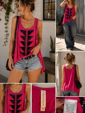 Ladies Size Small Petite Pink Black Sequin Tribal Tank Top Boho Summer